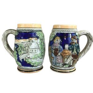 Ceramic Beer Stein Raised Relief Of Couple Drinking Beer 52/920 Stamped Set Of 2